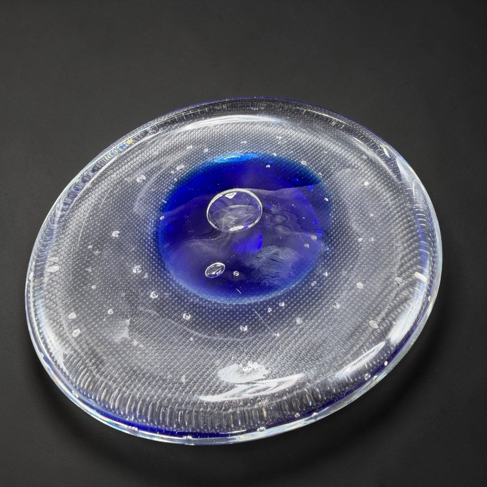 Italian Art Glass Blue Bulls Eye Controlled Bubble Paperweight 3.5Inch HandBlown
